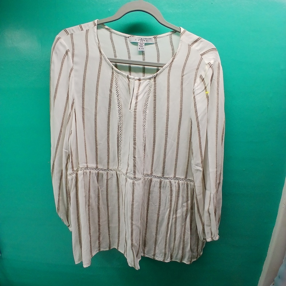 Fever Striped Babydoll Blouse XL White Boho Crochet Lace Trim‎ Peasant Top